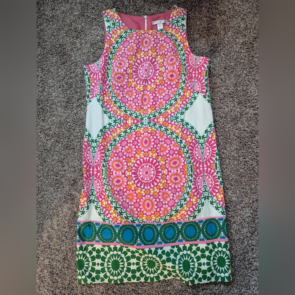 London Times Pink and Green Sheath Midi Dress Resort Wear